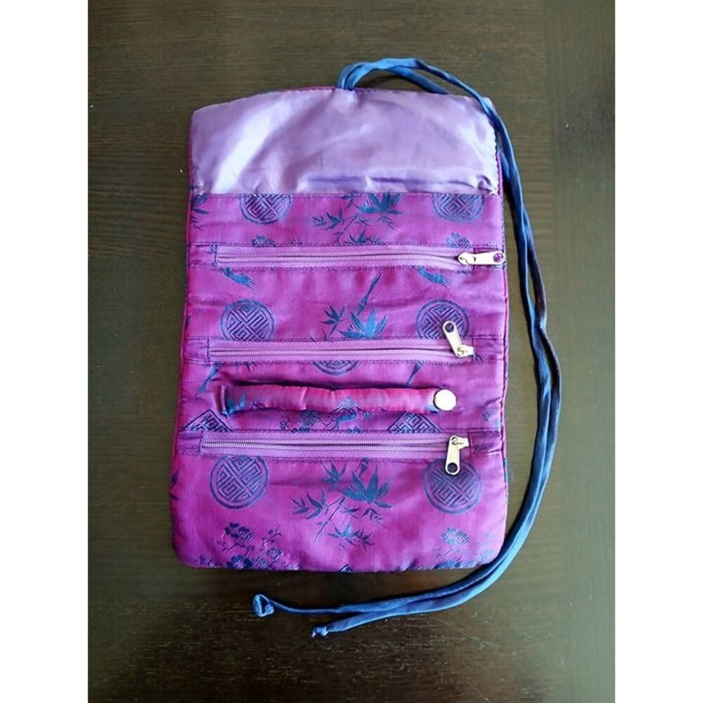 Red Blossom Purple Brocade Roll Up Jewelry Travel Organizer